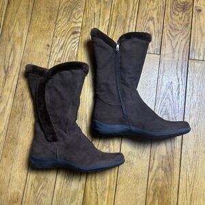 Loretta Brown Faux Suede Faux Fur Trim Mid Calf Boots Size 7M Cushion Pod
